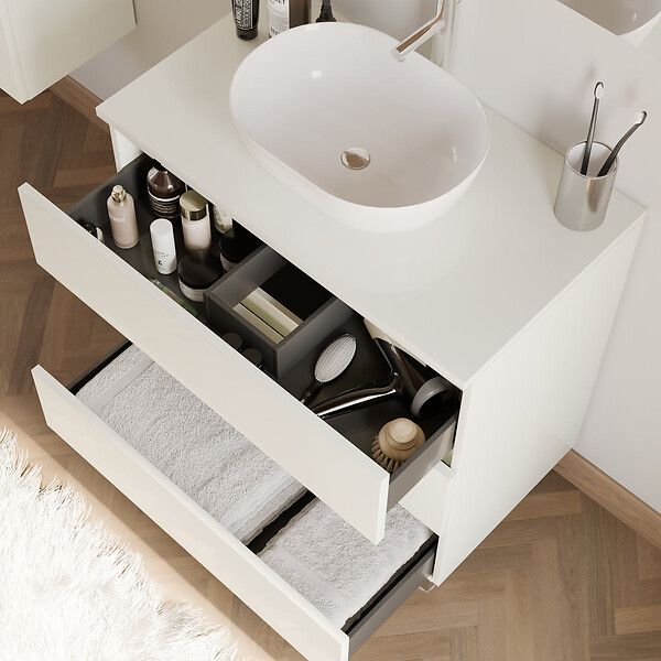 COSYNEO - Meuble de salle de bain 70cm avec plateau et vasque à poser arrondie - 3 tiroirs - blanc brillant - MAYOR - large
