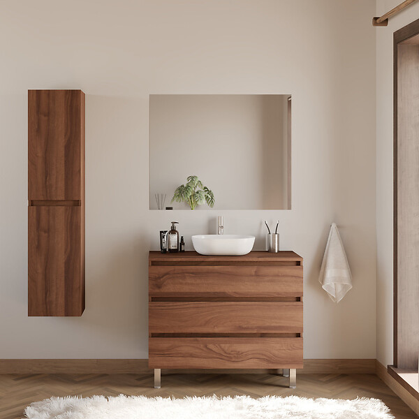 COSYNEO - Meuble de salle de bain 100cm avec plateau et vasque à poser arrondie - 3 tiroirs - sans miroir - noyer (bois foncé) - MAYOR - large
