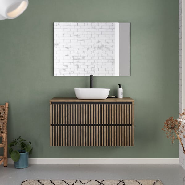 COSYNEO - Meuble de salle de bain 90cm avec plateau et vasque à poser arrondie - 2 tiroirs - sans miroir - noyer (bois foncé) - VENERIA - large