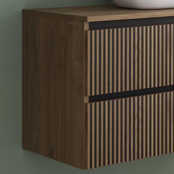 COSYNEO - Meuble de salle de bain 90cm avec plateau et vasque à poser arrondie - 2 tiroirs - sans miroir - noyer (bois foncé) - VENERIA - large