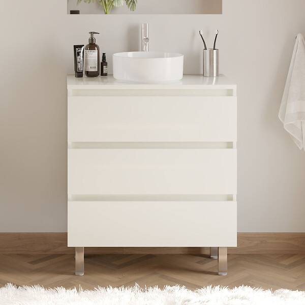 COSYNEO - Meuble de salle de bain 60cm avec plateau et vasque à poser ronde - 3 tiroirs - blanc brillant - MAYOR - large