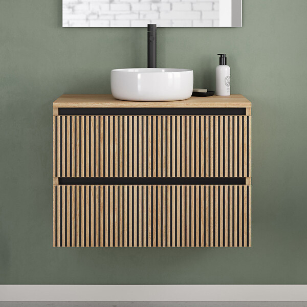 COSYNEO - Meuble de salle de bain 70cm avec plateau et vasque à poser ronde - 2 tiroirs - roble era (chêne clair) - VENERIA - large