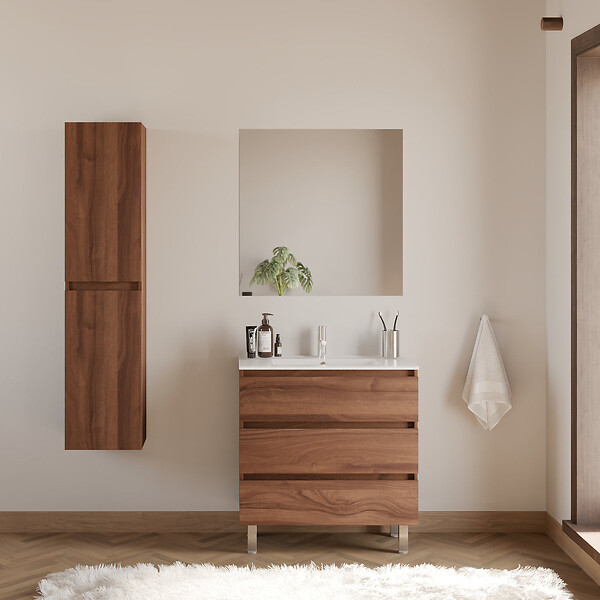 COSYNEO - Meuble de salle de bain 80cm simple vasque - 3 tiroirs - noyer (bois foncé) - MAYOR - large