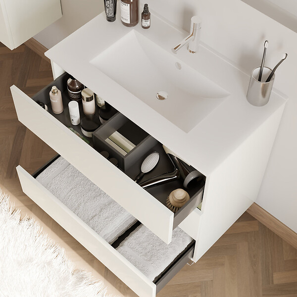 COSYNEO - Meuble de salle de bain 70cm simple vasque - sans miroir - 3 tiroirs - blanc brillant - MAYOR - large