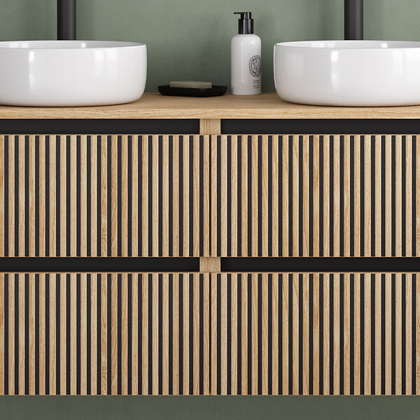 COSYNEO - Meuble de salle de bain 120cm avec plateau et 2 vasques à poser rondes - 4 tiroirs - sans miroir - roble era (chêne clair) - VENERIA - large