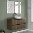 COSYNEO - Meuble de salle de bain 100cm avec plateau et vasque à poser ronde - 2 tiroirs - noyer (bois foncé) - VENERIA - vignette