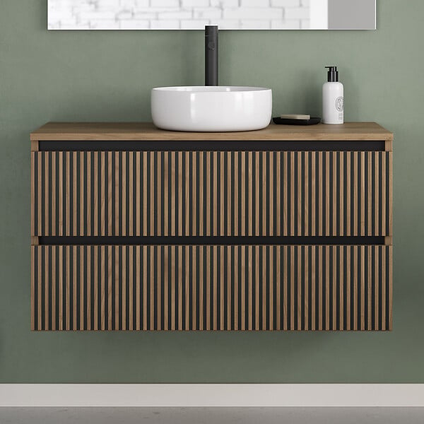 COSYNEO - Meuble de salle de bain 100cm avec plateau et vasque à poser ronde - 2 tiroirs - noyer (bois foncé) - VENERIA - large