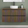 COSYNEO - Meuble de salle de bain 100cm avec plateau et vasque à poser ronde - 2 tiroirs - noyer (bois foncé) - VENERIA - vignette