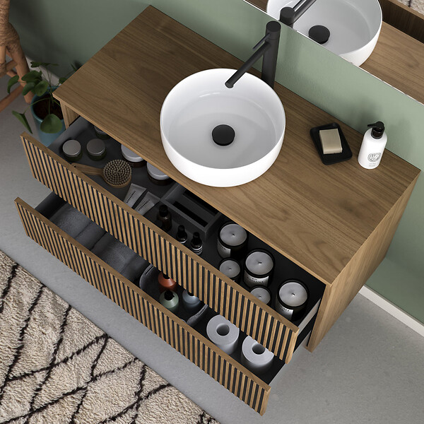 COSYNEO - Meuble de salle de bain 100cm avec plateau et vasque à poser ronde - 2 tiroirs - noyer (bois foncé) - VENERIA - large