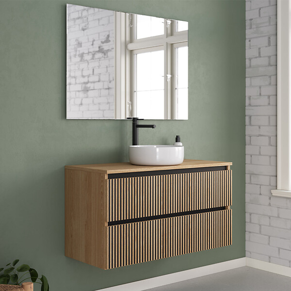 COSYNEO - Meuble de salle de bain 90cm avec plateau et vasque à poser ronde - 2 tiroirs - roble era (chêne clair) - VENERIA - large