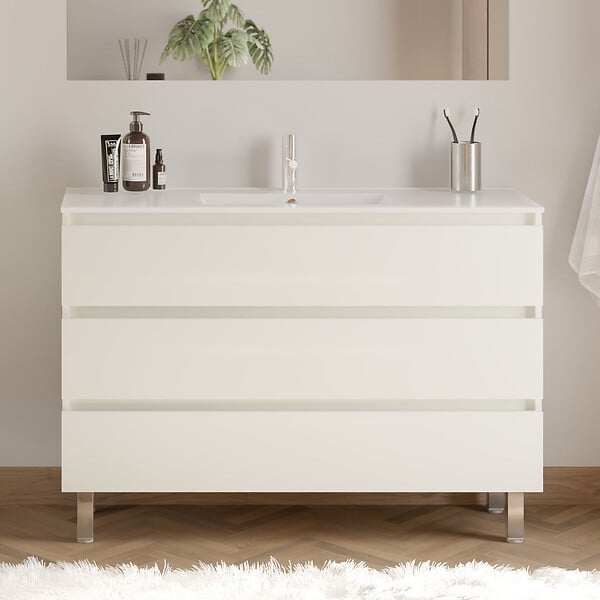 COSYNEO - Meuble de salle de bain 120cm simple vasque - 3 tiroirs - blanc brillant - MAYOR - large