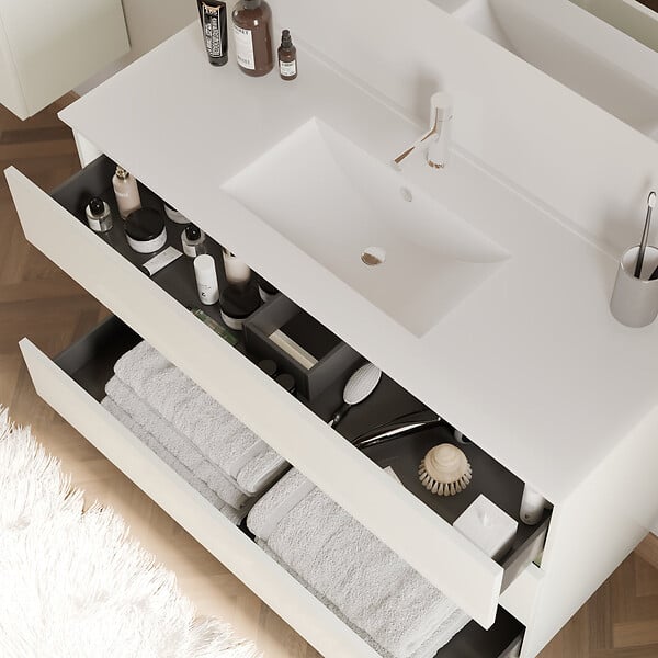COSYNEO - Meuble de salle de bain 120cm simple vasque - 3 tiroirs - blanc brillant - MAYOR - large