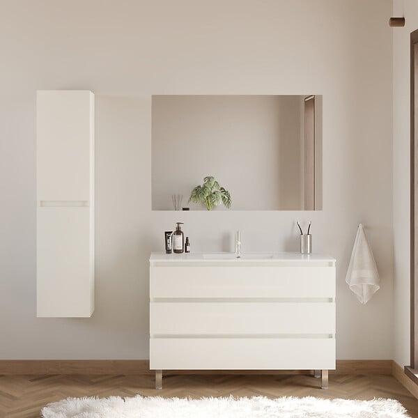 COSYNEO - Meuble de salle de bain 120cm simple vasque - 3 tiroirs - blanc brillant - MAYOR - large