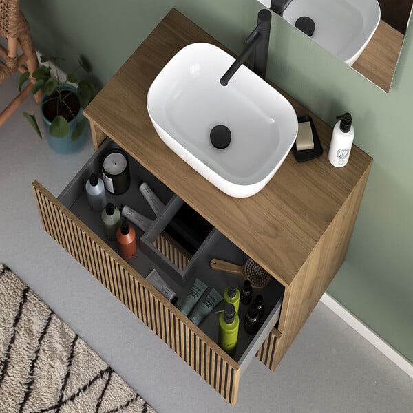COSYNEO - Meuble de salle de bain 60cm avec plateau et vasque à poser arrondie - 2 tiroirs - sans miroir - noyer (bois foncé) - VENERIA - large