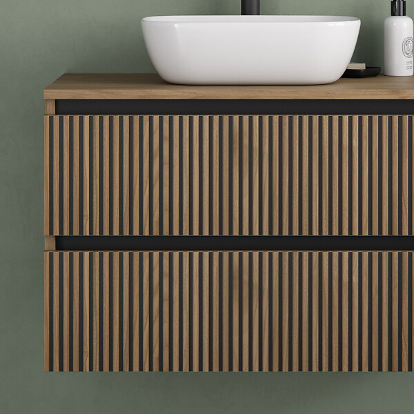 COSYNEO - Meuble de salle de bain 60cm avec plateau et vasque à poser arrondie - 2 tiroirs - sans miroir - noyer (bois foncé) - VENERIA - large