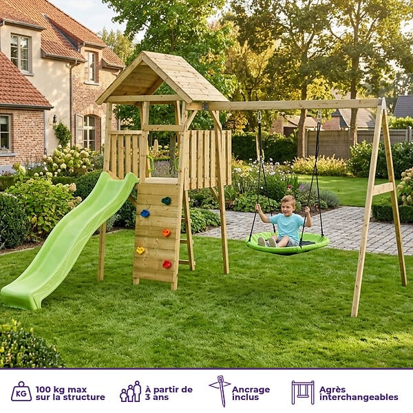 KANGUI - Aire de jeux bois, 2 balançoires, nid, toboggan, escalade, cabane WOODI - large