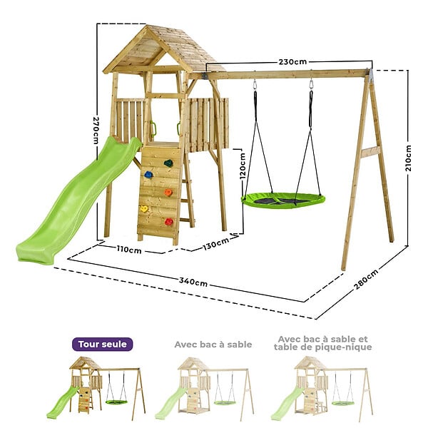 KANGUI - Aire de jeux bois, 2 balançoires, nid, toboggan, escalade, cabane WOODI - large