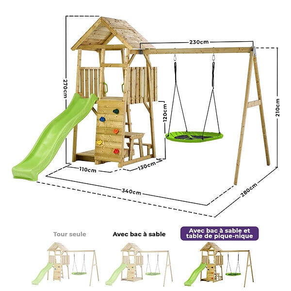 KANGUI - Aire de jeux : balançoire, nid, toboggan, escalade, bac à sable, table WOODI - large