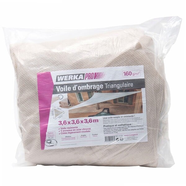 WERKAPRO - Voile d'ombrage triangulaire crème  3,6 x 3,6 x 3,6m - large