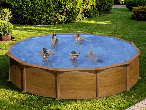 GRE - Kit piscine acier aspect bois Gré Mauritius ronde 5,70 x 1,32 m + Bâche hiver + Bâche à bulles - large