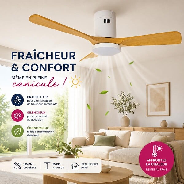 VOLTMAN - Ventilateur de plafond connecté + éclairage Ø105 cm - blanc et bois - Voltman - large