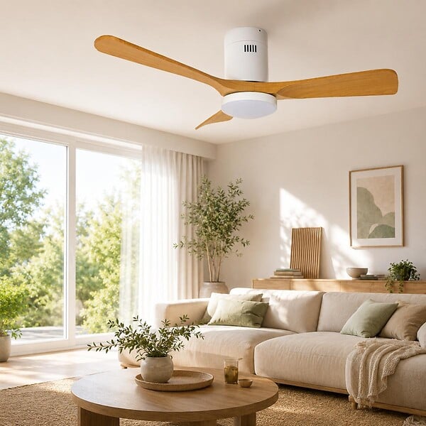 VOLTMAN - Ventilateur de plafond connecté + éclairage Ø105 cm - blanc et bois - Voltman - large