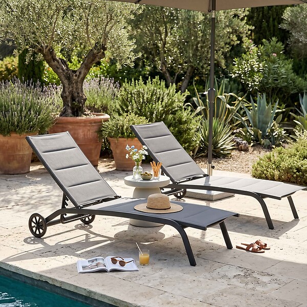 OVIALA - Lot de 2 bains de soleil en aluminium noir - Santa Monica - large