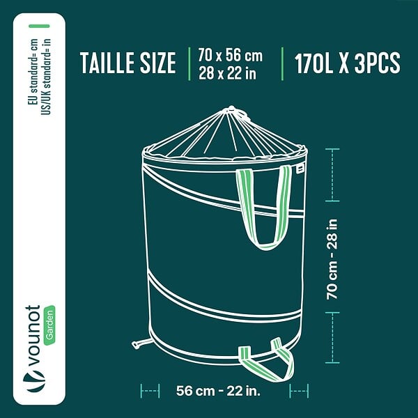 VOUNOT - Lot de 3 Sac de Jardin Pop up 170L en Polyéthylène avec Poignées - large