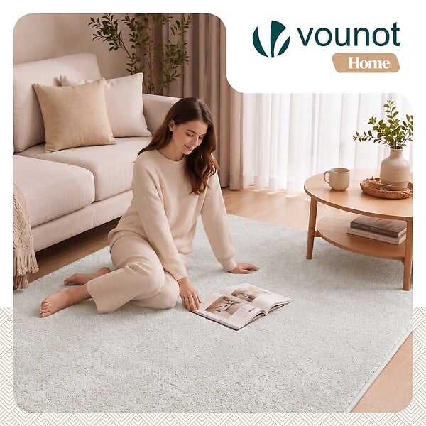 VOUNOT - Tapis de salon poils ras doux antiderapant 160x230cm uni crème - large