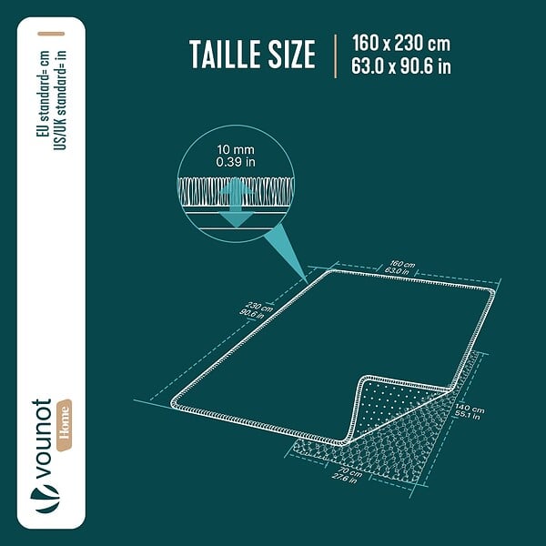 VOUNOT - Tapis de salon poils ras doux antiderapant 160x230cm uni crème - large