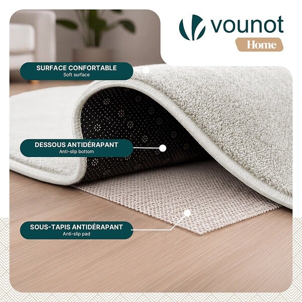 VOUNOT - Tapis de salon poils ras doux antiderapant 160x230cm uni crème - large