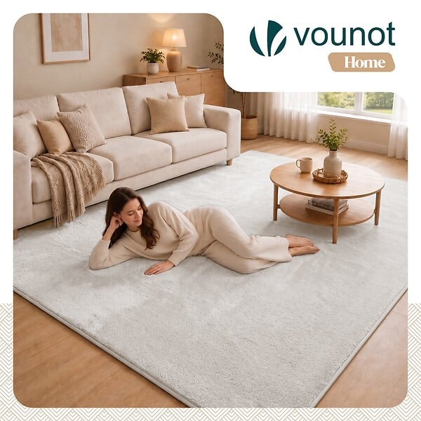 VOUNOT - Tapis de salon poils ras doux antiderapant 200x300cm uni crème - large