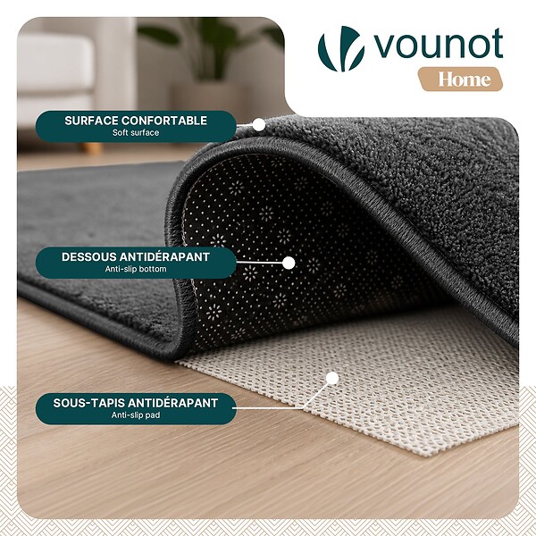 VOUNOT - Tapis de salon poils ras doux antiderapant 240x340cm uni anthracite - large