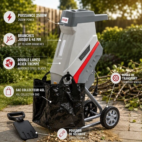 IKRA - Broyeur de végétaux électrique 2500W 2 Lames acier trempé Branches jusqu'à 45mm Sac 45L IKRA - large