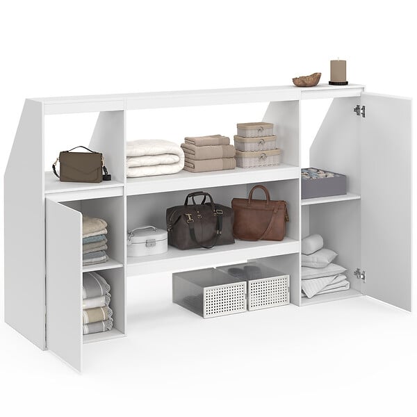 ID MARKET - Ensemble étagère 2 niveaux, armoire 2 armoire 1 porte + 1 niche sous pente TOMI blanc - large