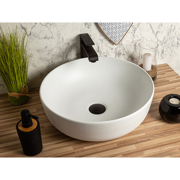 KERRA - Vasque à poser ronde en céramique GRANA blanc mat effet granit Ø41,5 cm - large