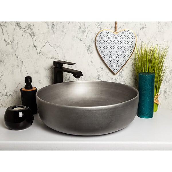 KERRA - Vasque à poser ronde en céramique SILVER gris métal brossé Ø41,5 cm - large