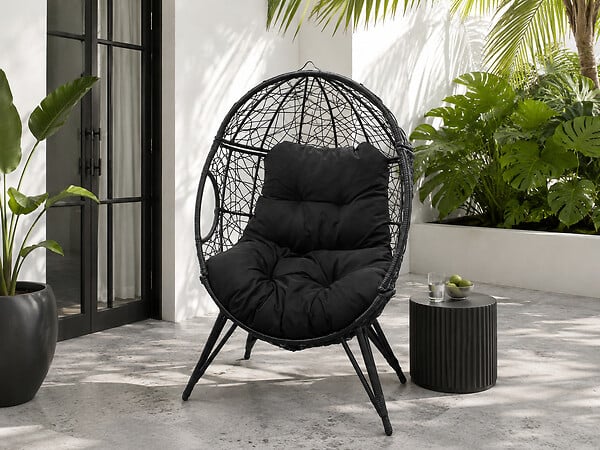 CONCEPT USINE - Fauteuil œuf sur pied en résine noir effet rotin JANE $ - large