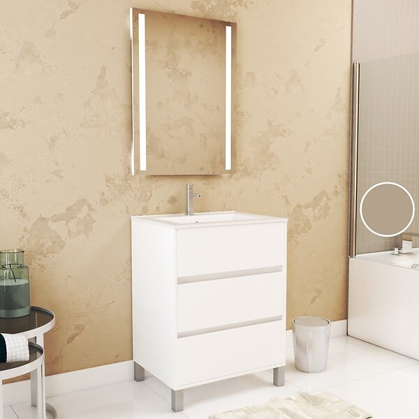 AURLANE - Pack Meuble Salle de Bains 60cm Blanc 3 Tiroirs, Vasque, Miroir 60x80 à Leds intégrées - XENOS - large