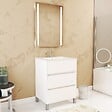 AURLANE - Pack Meuble Salle de Bains 60cm Blanc 3 Tiroirs, Vasque, Miroir 60x80 à Leds intégrées - XENOS - vignette