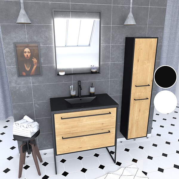 AURLANE - Meuble Salle de Bains 80 cm, Vasque Noire, Miroir Led et Colonne - Chêne et Noir - STRUCTURA - large