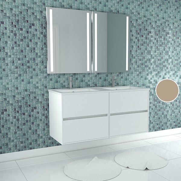 AURLANE - Meuble Salle de Bains 120 cm Laqué Blanc 4 Tiroirs, Vasque, Miroirs 60x80 à Leds intégrées - XENOS - large