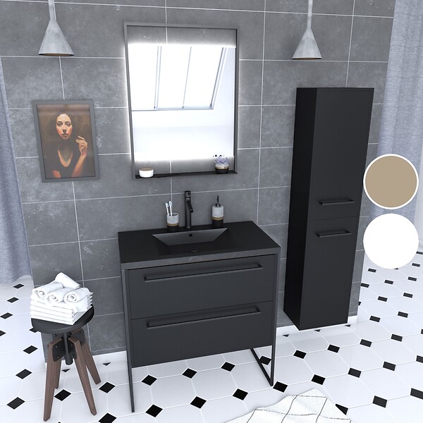 AURLANE - Meuble Salle de Bains 80 cm, Vasque Noire, Miroir Led et Colonne - Noir - STRUCTURA - large