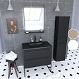 AURLANE - Meuble Salle de Bains 80 cm, Vasque Noire, Miroir Led et Colonne - Noir - STRUCTURA - vignette
