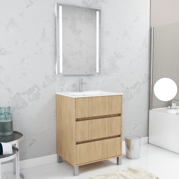 AURLANE - Pack Meuble Salle de Bains 60cm Chêne Clair 3 Tiroirs, Vasque, Miroir 60x80 à Leds intégrées - XENOS - large