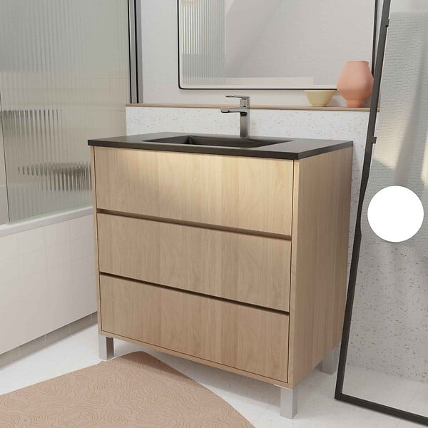 AURLANE - Meuble de salle de bains 80 cm 3 Tiroirs Chêne Clair + Vasque Céramique Noire - XENOS - large