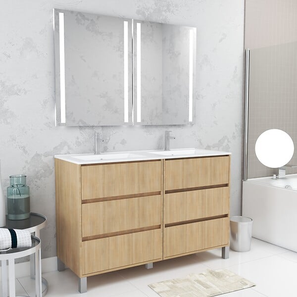 AURLANE - Meuble Salle de Bains 120 cm Chêne Clair 6 Tiroirs, Vasque, Miroirs 60x80 à Leds intégrées - XENOS - large