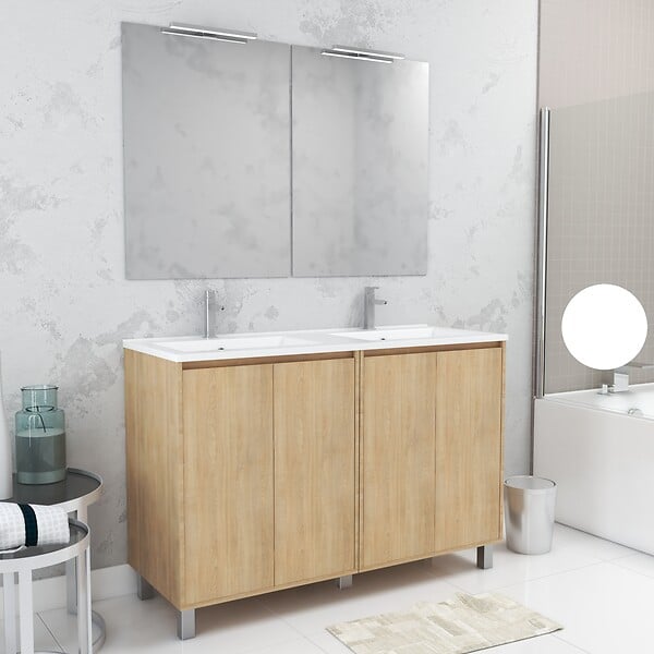AURLANE - Meuble Salle de Bains 120 cm Chêne Clair 4 Portes, Vasque, Miroirs 60x80 et Réglettes Led - XENOS - large
