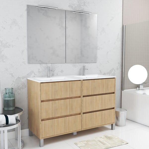AURLANE - Meuble Salle de Bains 120 cm Chêne Clair 6 Tiroirs, Vasque, Miroirs 60x80 et Réglettes Led - XENOS - large