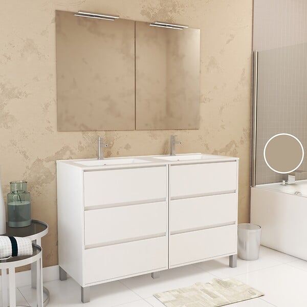 AURLANE - Meuble Salle de Bains 120 cm Laqué Blanc 6 Tiroirs, Vasque, Miroirs 60x80 et Réglettes Led - XENOS - large